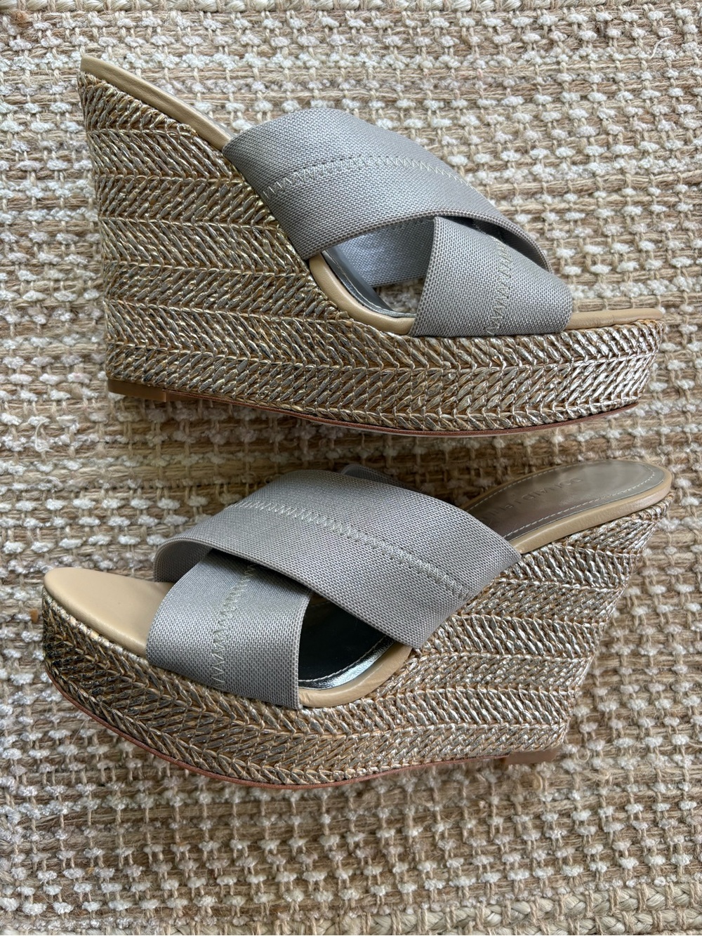 Donald J Pliner Kaz Wedge Slide Sandals Metallic Taupe Elastic Size 9M NWOT
